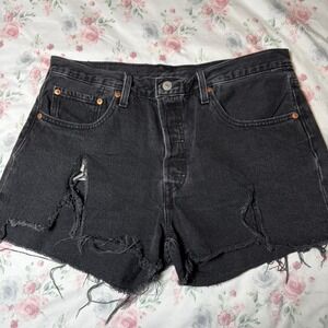 Levi's 501 Denim Shorts Women's Size 14 Black Distressed‎ High Rise Cutoff